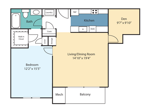 Floor plan for 1 bed, 1 bath, 950 sqft